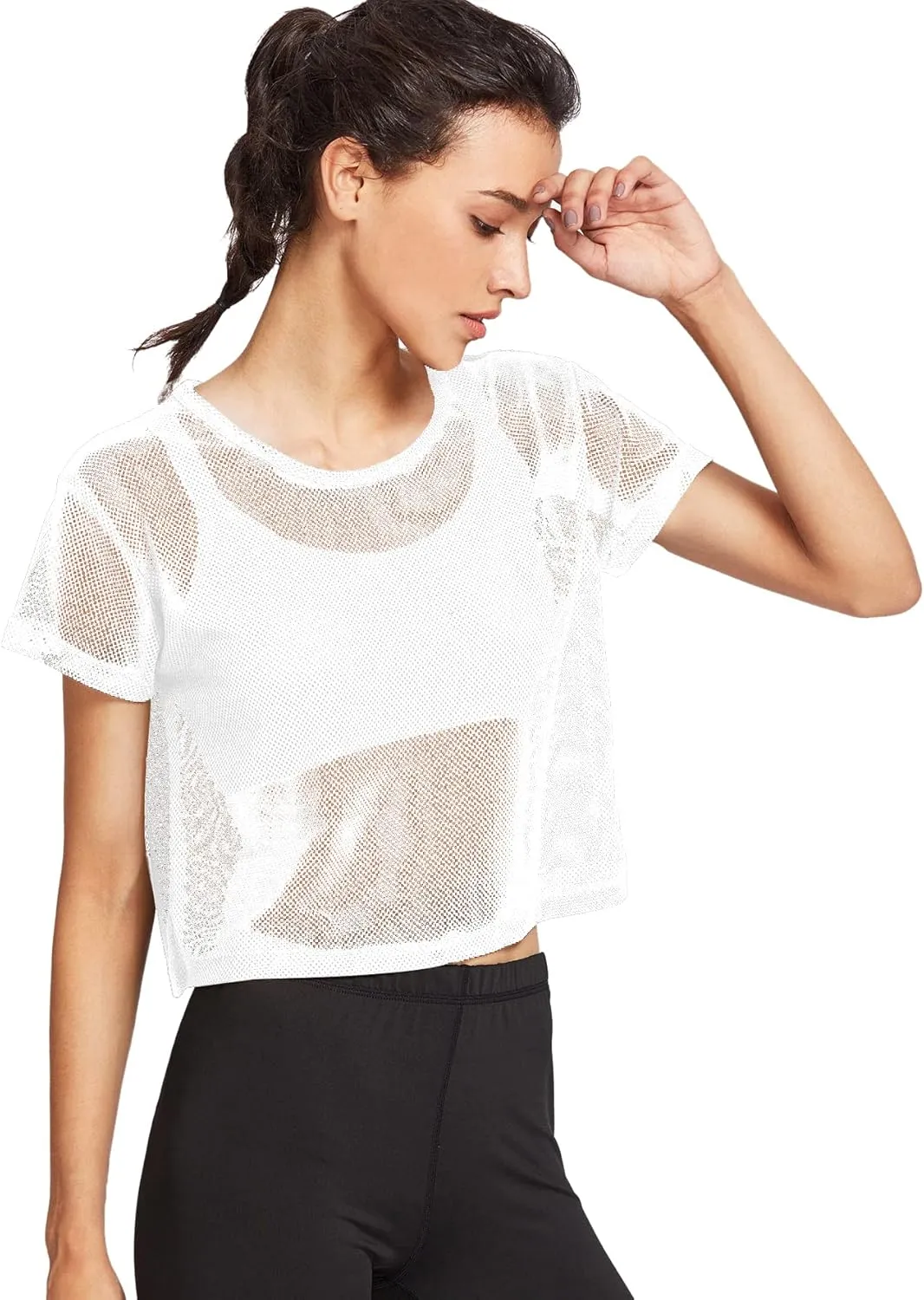 SweatyRocks Women's Sexy Sheer Mesh Fishnet Net Short Sleeve T-Shirt Crop Top