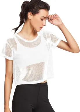 SweatyRocks Women's Sexy Sheer Mesh Fishnet Net Short Sleeve T-Shirt Crop Top