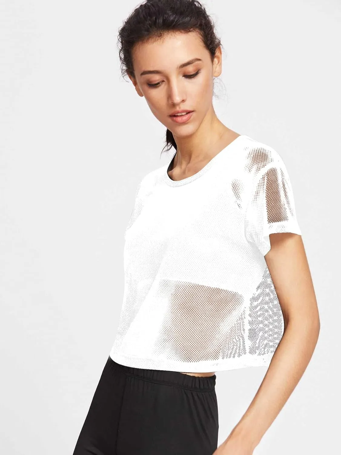 SweatyRocks Women's Sexy Sheer Mesh Fishnet Net Short Sleeve T-Shirt Crop Top
