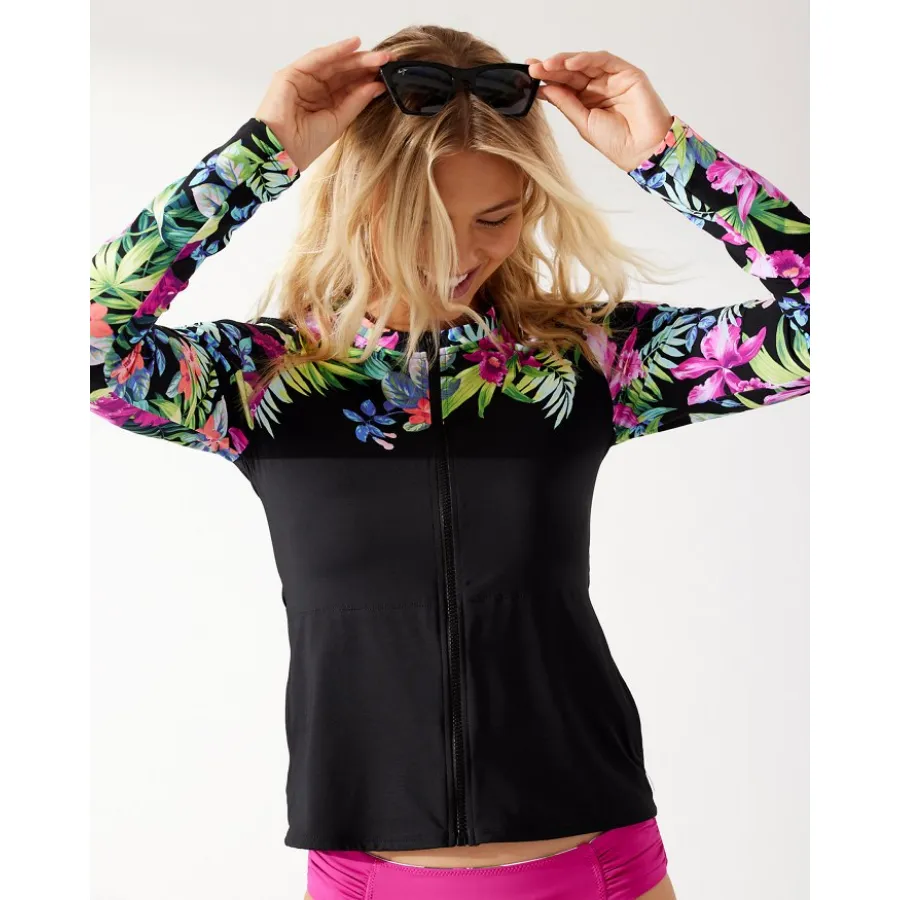 Tommy Bahama Engineered Full Zip Long Sleeve Rashguard SS500362 - Coastal Gardens Black