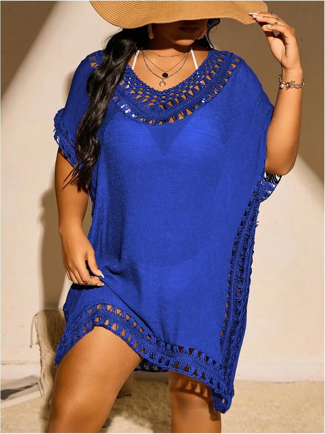 Verdusa Women's Plus Size Hollow Out Dolman Sleeve Beach Cover Up Dress Tunic Dress