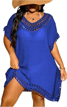 Verdusa Women's Plus Size Hollow Out Dolman Sleeve Beach Cover Up Dress Tunic Dress