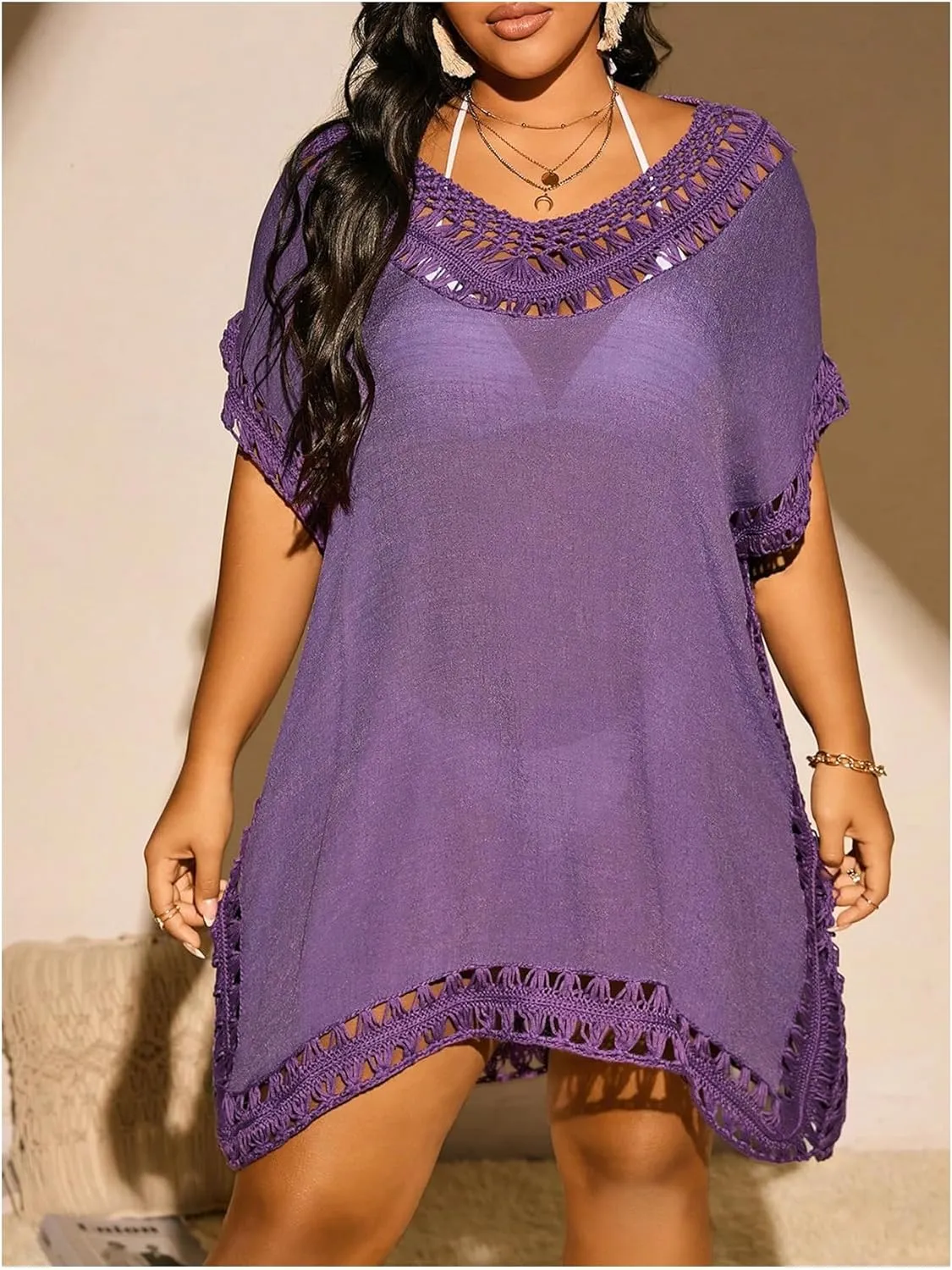 Verdusa Women's Plus Size Hollow Out Dolman Sleeve Beach Cover Up Dress Tunic Dress