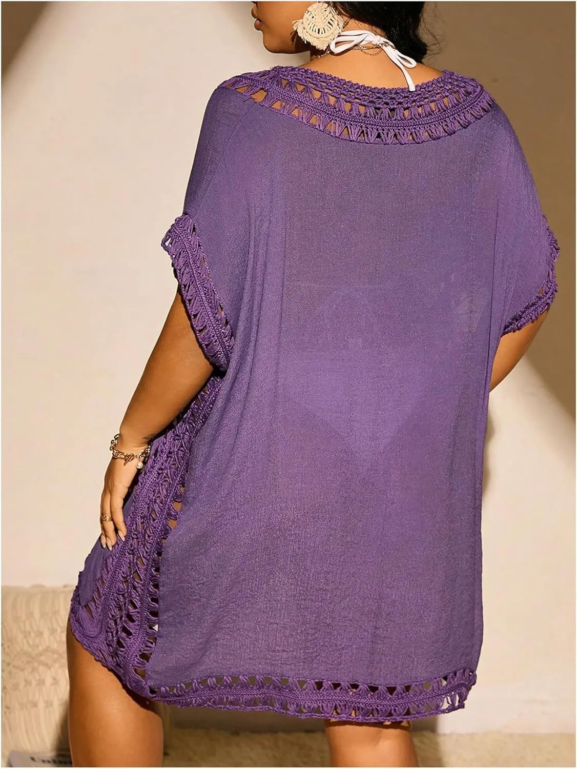 Verdusa Women's Plus Size Hollow Out Dolman Sleeve Beach Cover Up Dress Tunic Dress
