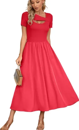 VICHYIE Womens Summer Dresses Cutout One Piece Ribbed Maxi Short Sleeve Casual Flowy A-Line Long Midi Dress