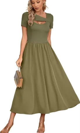 VICHYIE Womens Summer Dresses Cutout One Piece Ribbed Maxi Short Sleeve Casual Flowy A-Line Long Midi Dress