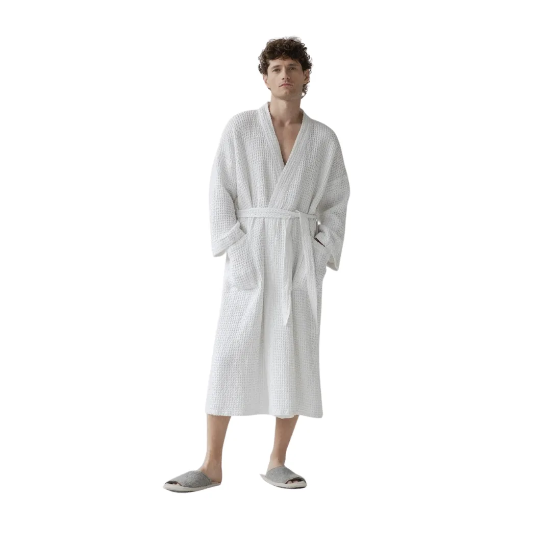White Linen & Cotton Waffle Bathrobe