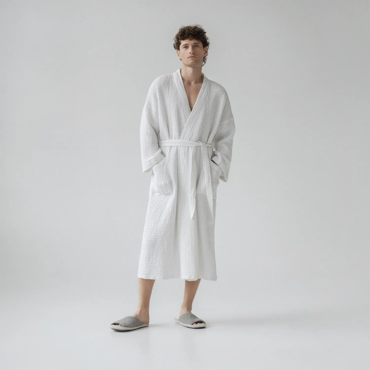 White Linen & Cotton Waffle Bathrobe