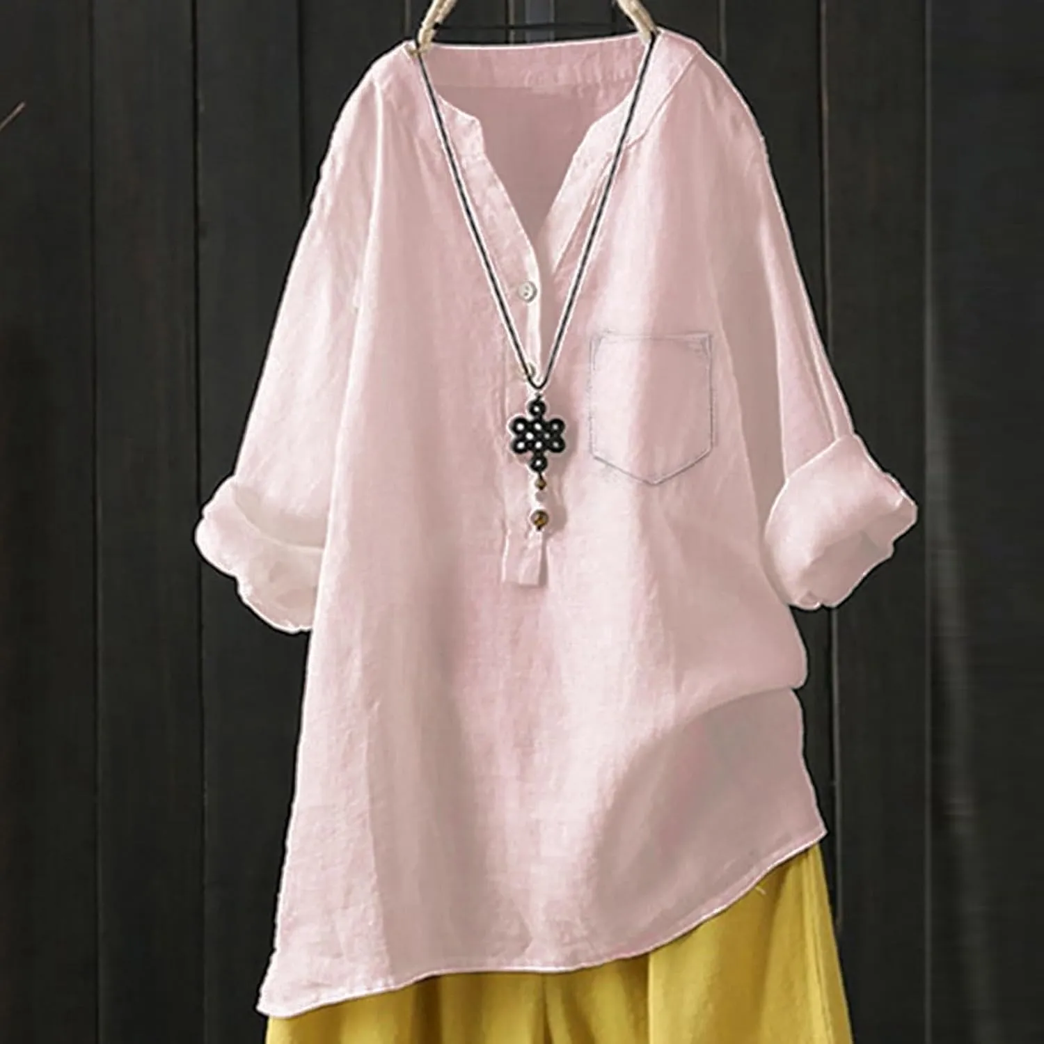 Women Loose Solid Linen Shirt Long Sleeve Button Up Mandarin Collar Top Awareness Womens Shirt