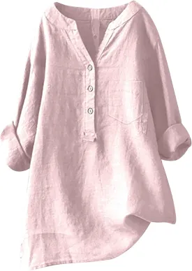 Women Loose Solid Linen Shirt Long Sleeve Button Up Mandarin Collar Top Awareness Womens Shirt