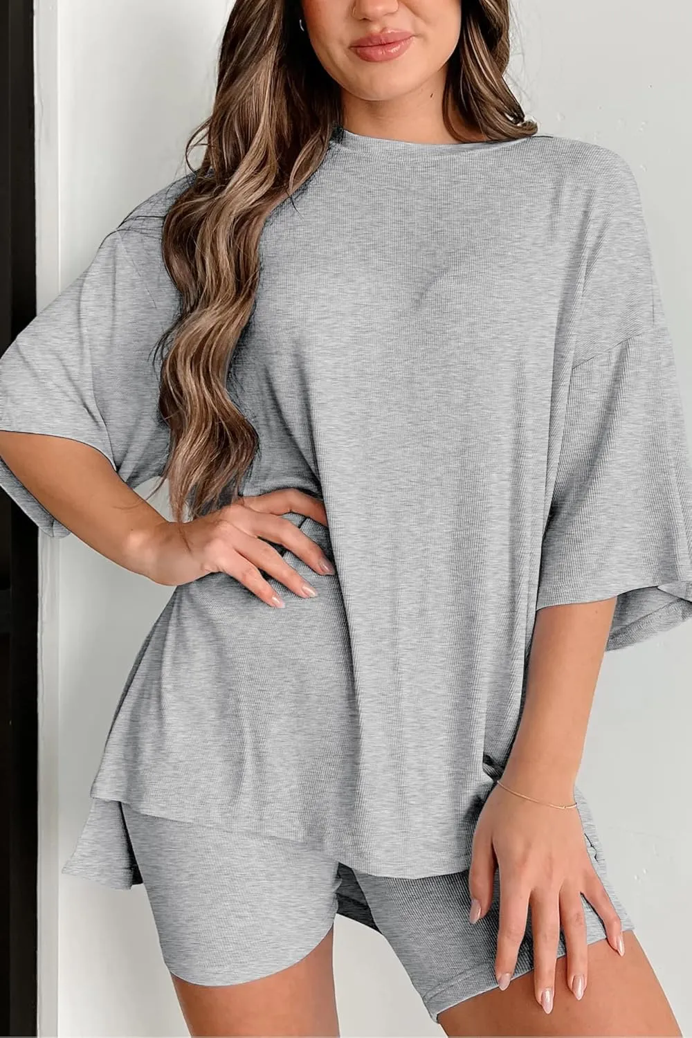 Womens 2 Piece Lounge Set 2025 Summer Travel Outfit Casual Short Sleeve Oversized Tshirts & Biker Shorts