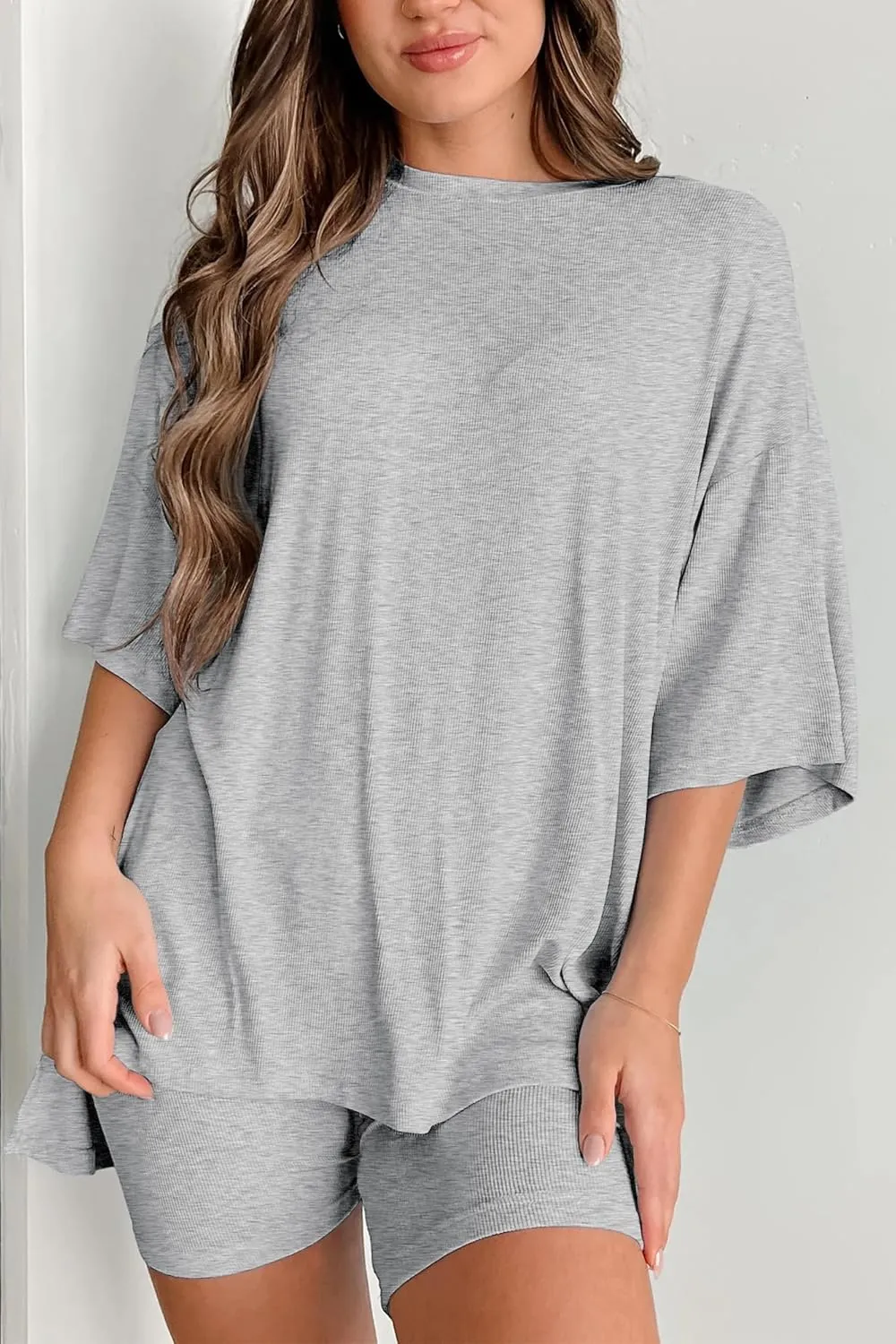 Womens 2 Piece Lounge Set 2025 Summer Travel Outfit Casual Short Sleeve Oversized Tshirts & Biker Shorts