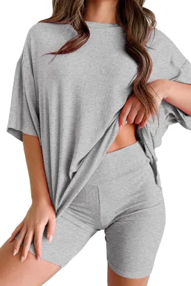 Womens 2 Piece Lounge Set 2025 Summer Travel Outfit Casual Short Sleeve Oversized Tshirts & Biker Shorts