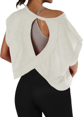 Womens Backless Thin Workout Crop Tops Cutout Back Sports T-Shirts Exercise Blouse Tee Top Athletic Gym Yoga Shirt