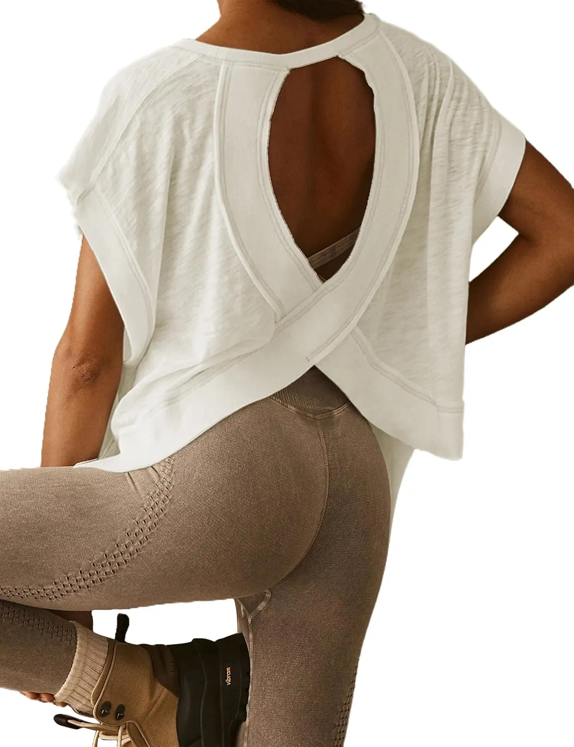 Womens Backless Thin Workout Crop Tops Cutout Back Sports T-Shirts Exercise Blouse Tee Top Athletic Gym Yoga Shirt