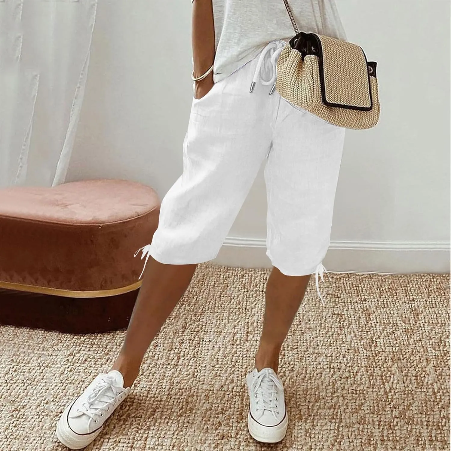 Women's Bermuda Shorts 2025 Summer Comfy Drawstring Pants Casual Knee Length Walking Long Shorts with Pockets