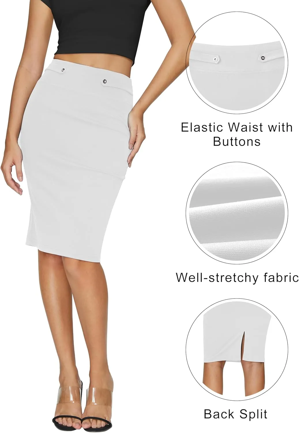 Women's Elastic Waist Stretch Knee Length Midi Pencil Skirt Cute Button Bodycon Work Dress Skirts with Slit