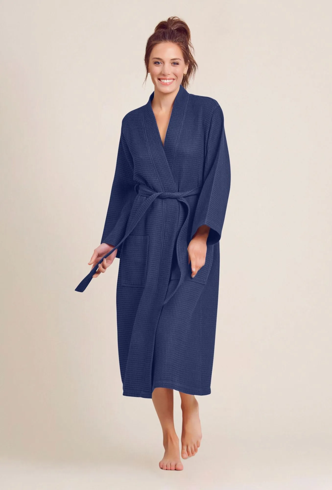 Women's Long Waffle Kimono Navy Robe