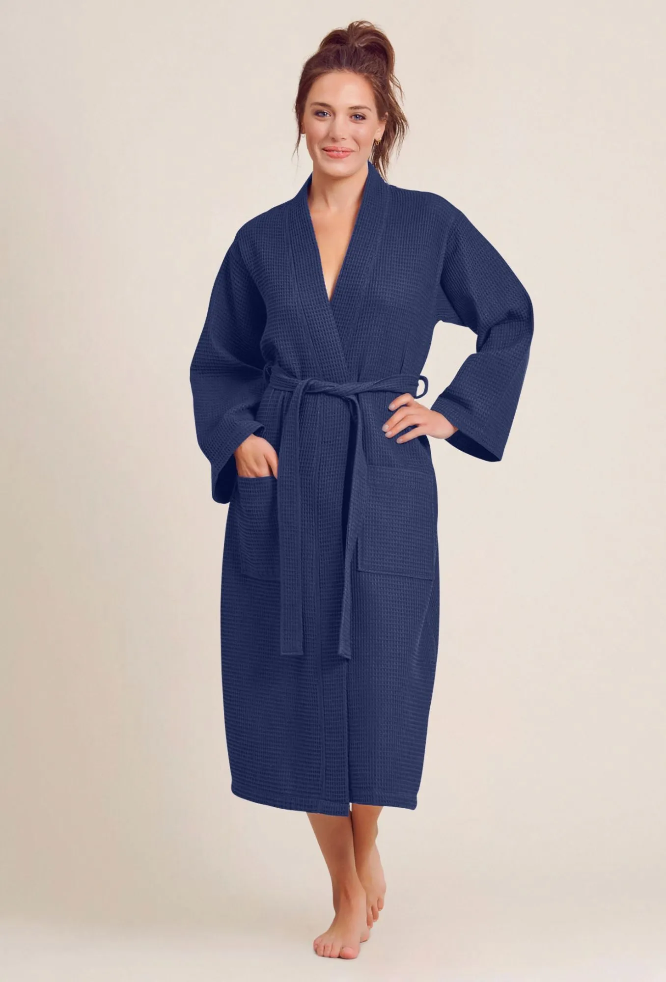 Women's Long Waffle Kimono Navy Robe