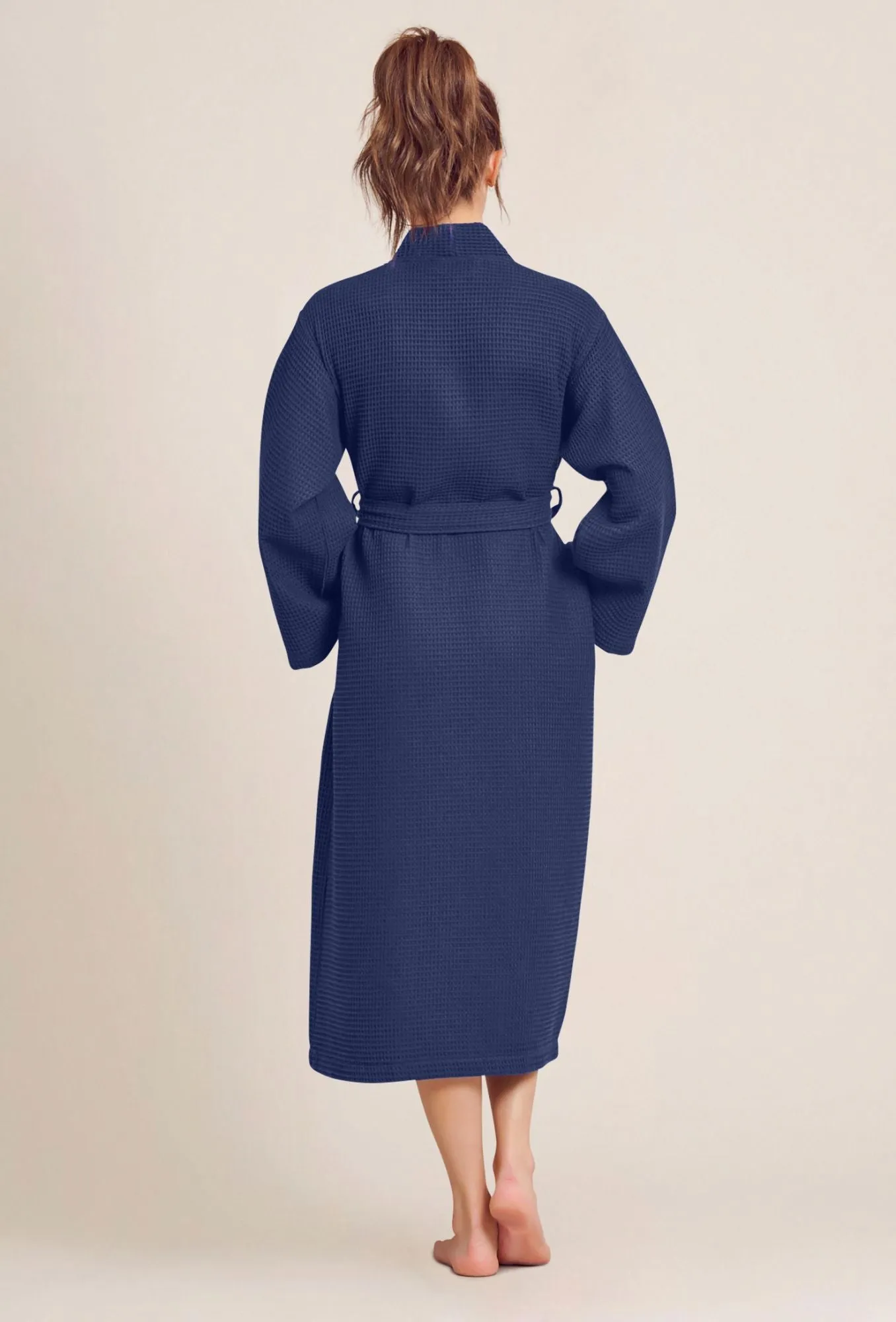 Women's Long Waffle Kimono Navy Robe