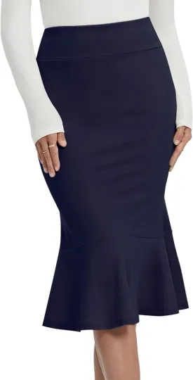 Women's Pencil Skirt High Waist Stretch Work Dressy Casual Midi Bodycon Fishtail Skirt Below Knee