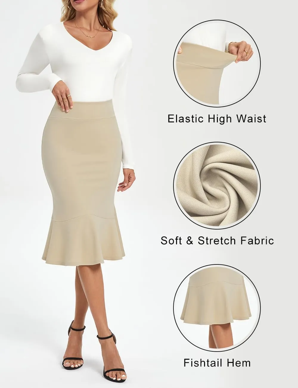 Women's Pencil Skirt High Waist Stretch Work Dressy Casual Midi Bodycon Fishtail Skirt Below Knee