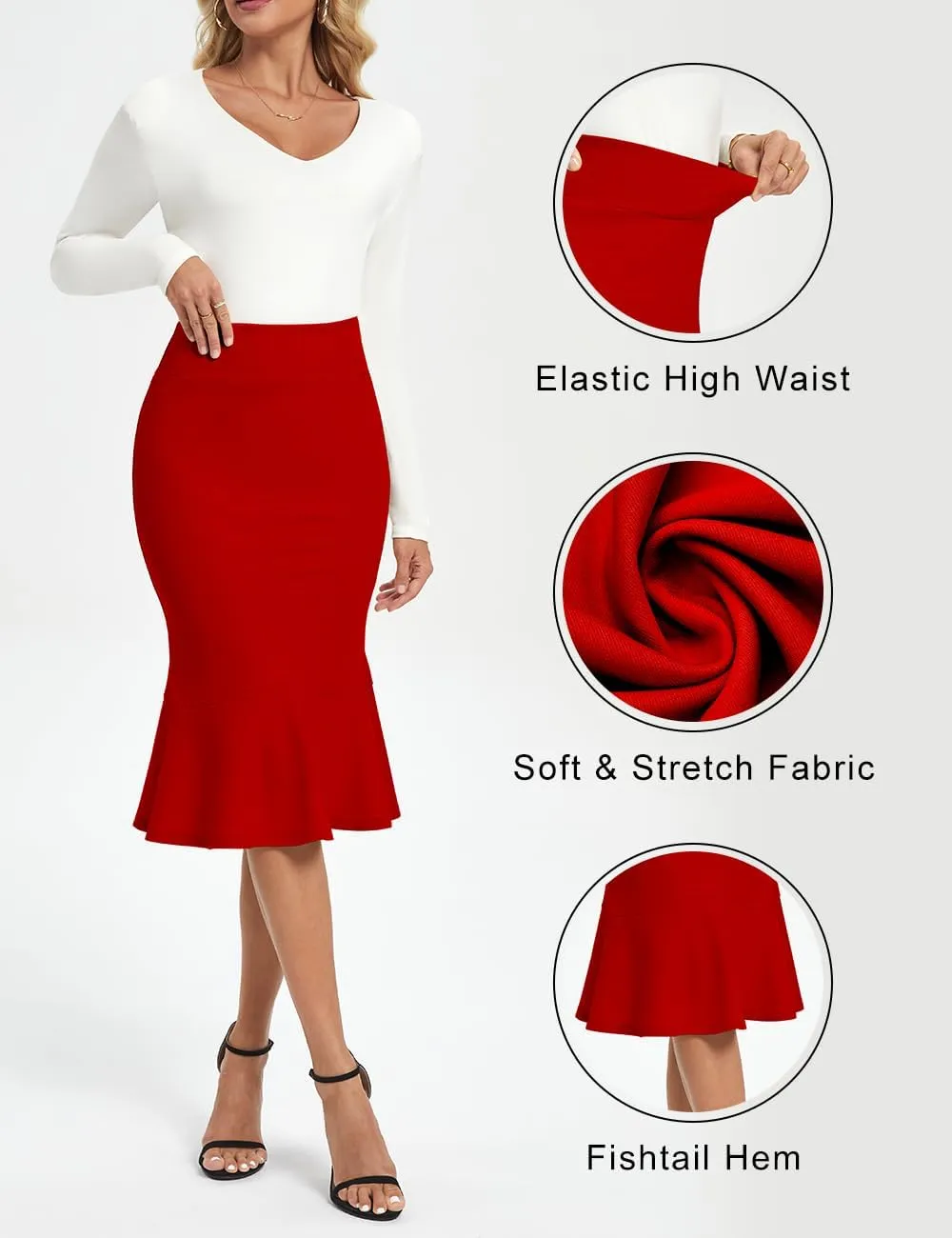 Women's Pencil Skirt High Waist Stretch Work Dressy Casual Midi Bodycon Fishtail Skirt Below Knee