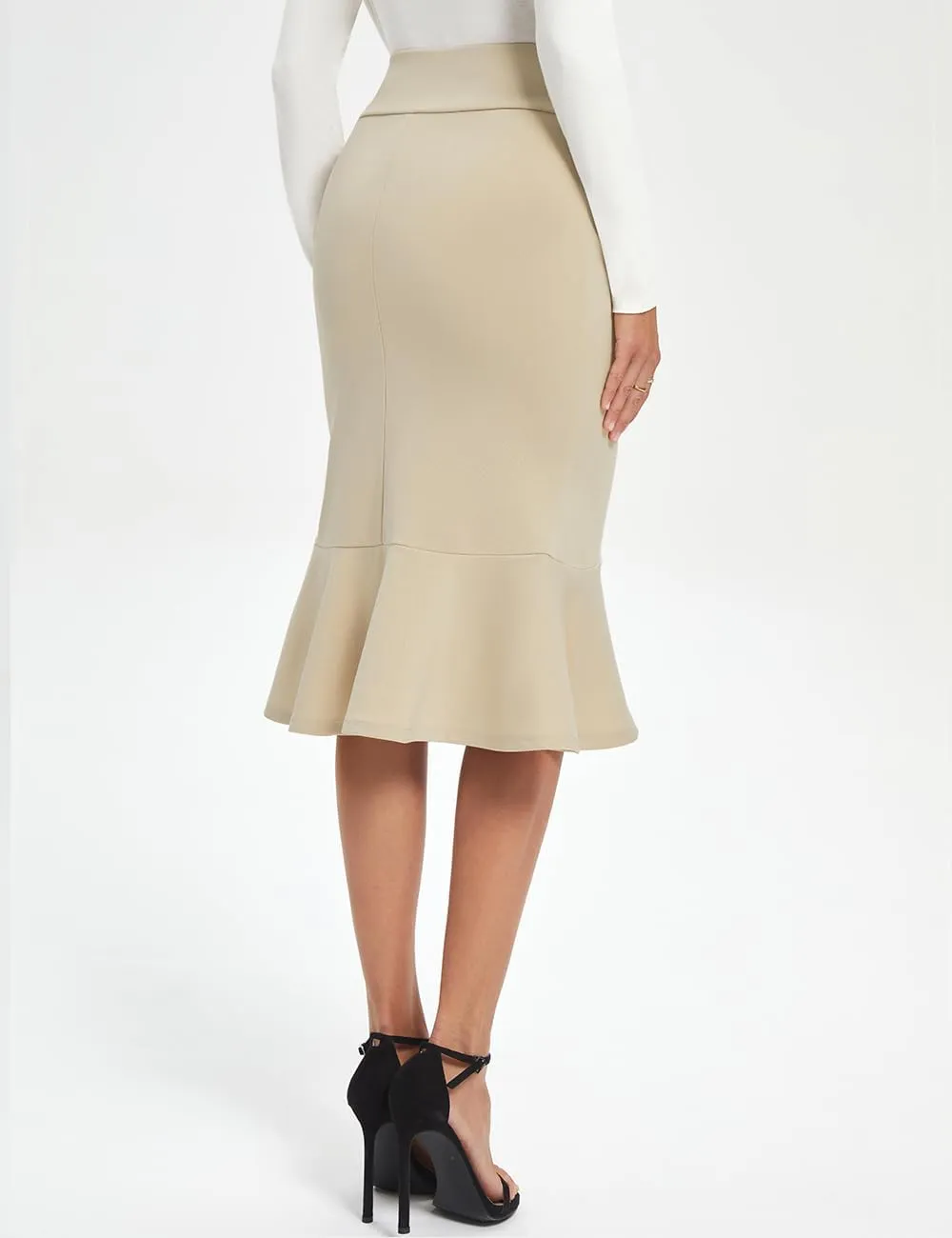 Women's Pencil Skirt High Waist Stretch Work Dressy Casual Midi Bodycon Fishtail Skirt Below Knee