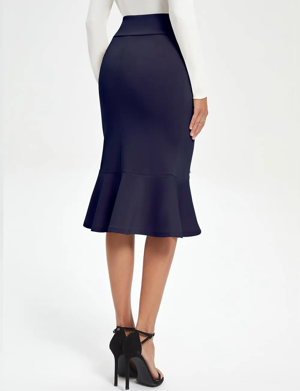 Women's Pencil Skirt High Waist Stretch Work Dressy Casual Midi Bodycon Fishtail Skirt Below Knee