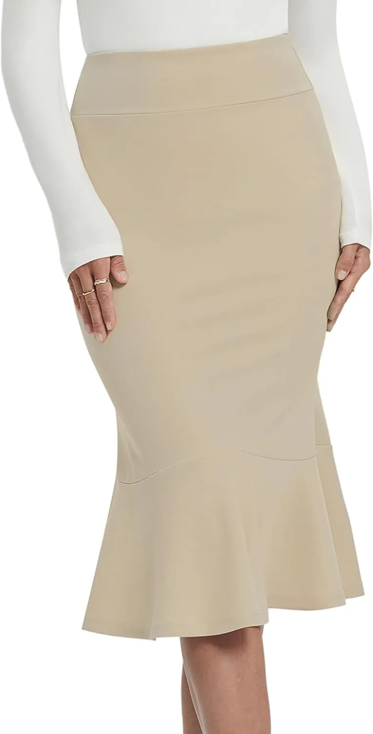 Women's Pencil Skirt High Waist Stretch Work Dressy Casual Midi Bodycon Fishtail Skirt Below Knee