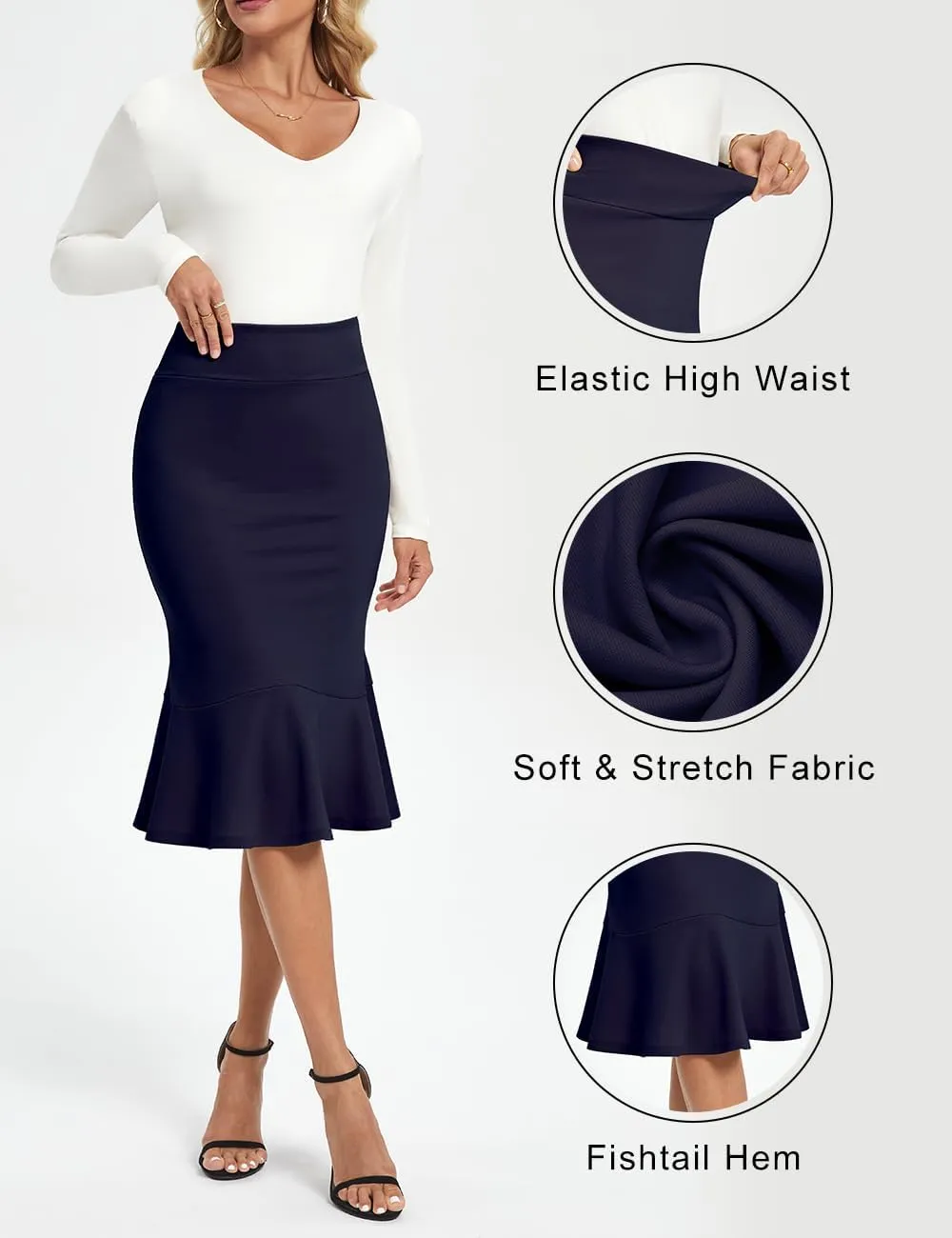 Women's Pencil Skirt High Waist Stretch Work Dressy Casual Midi Bodycon Fishtail Skirt Below Knee