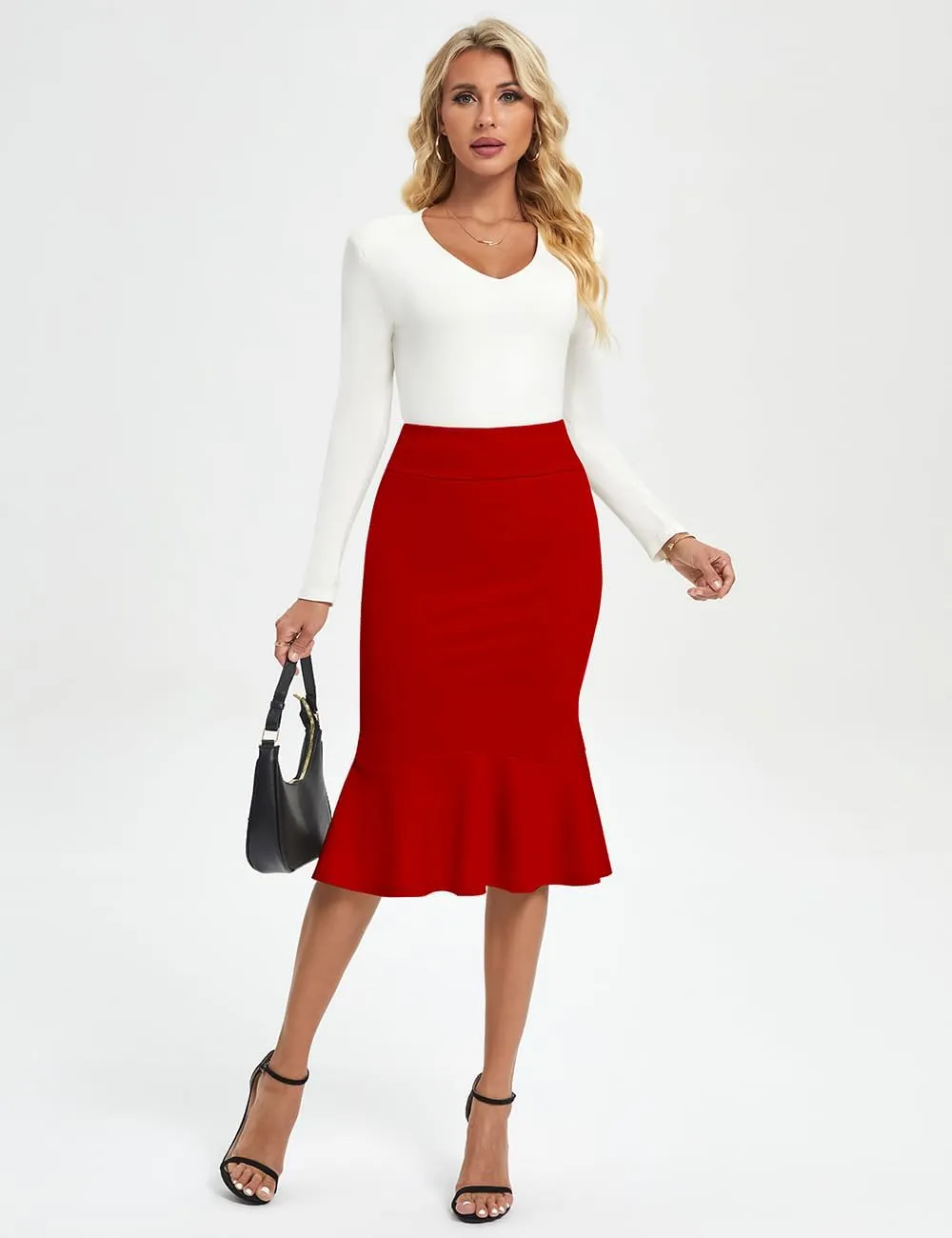 Women's Pencil Skirt High Waist Stretch Work Dressy Casual Midi Bodycon Fishtail Skirt Below Knee