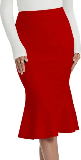 Women's Pencil Skirt High Waist Stretch Work Dressy Casual Midi Bodycon Fishtail Skirt Below Knee