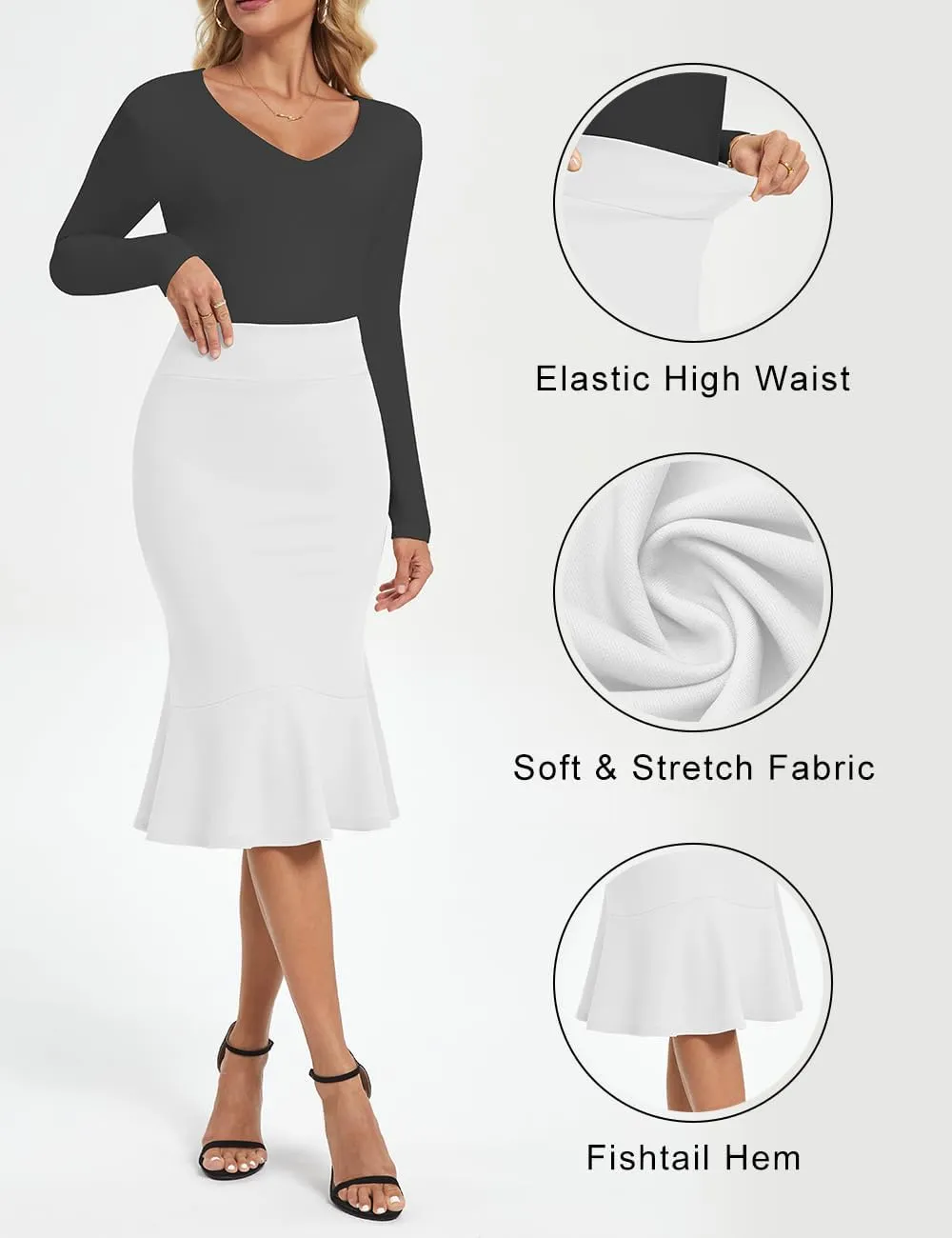 Women's Pencil Skirt High Waist Stretch Work Dressy Casual Midi Bodycon Fishtail Skirt Below Knee