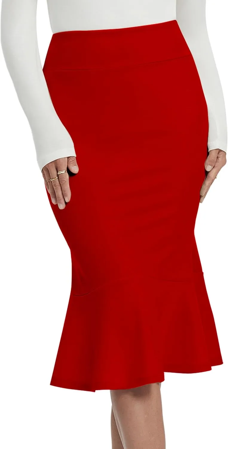 Women's Pencil Skirt High Waist Stretch Work Dressy Casual Midi Bodycon Fishtail Skirt Below Knee