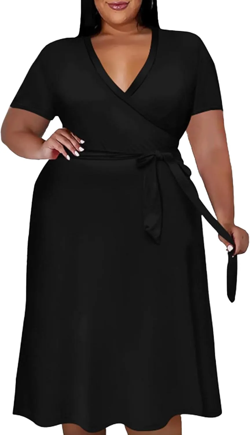 Women's Plus Size Casual Pleated Dress Summer Short Sleeve Flowy Swing Dress Loose Beach Dresses