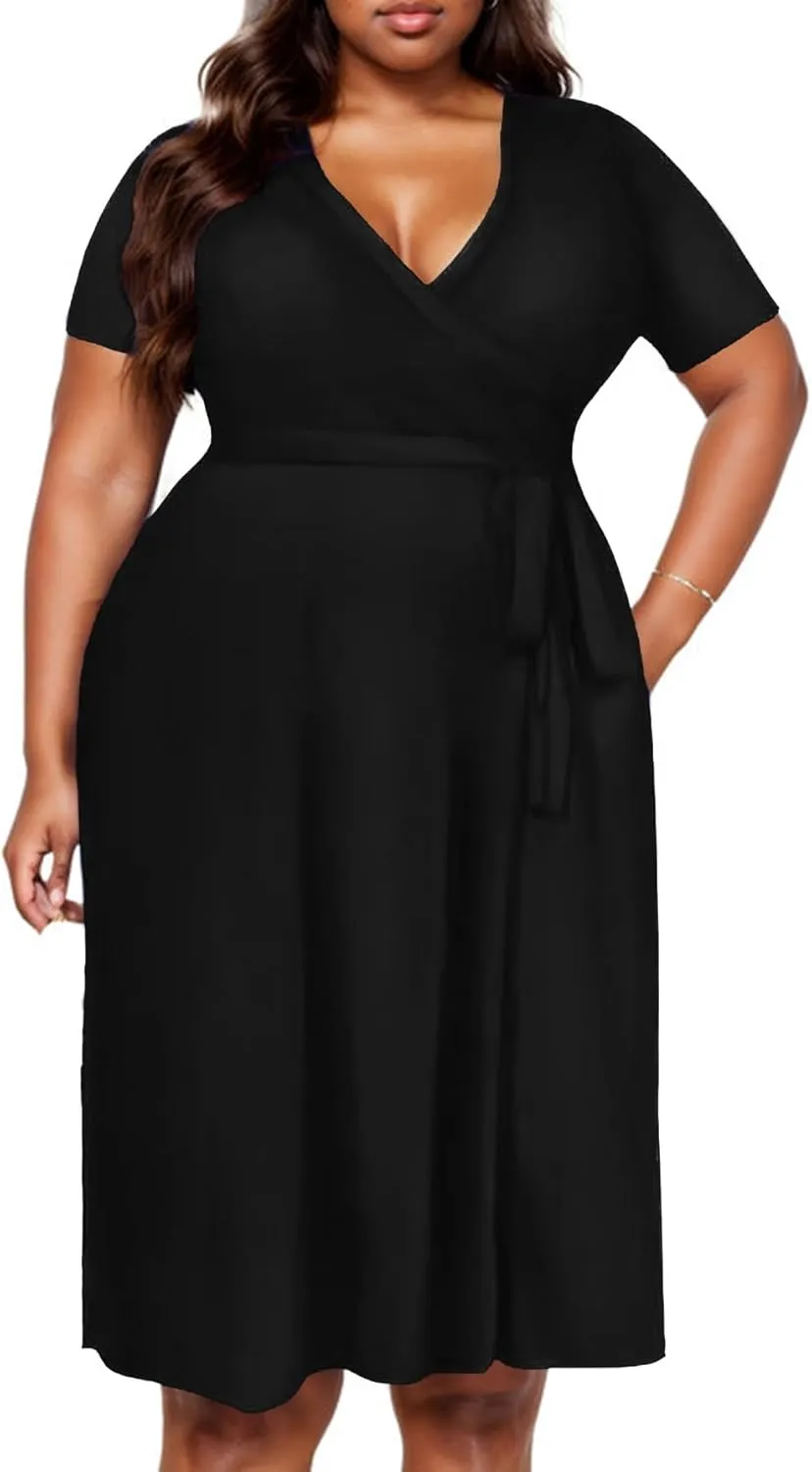 Women's Plus Size Casual Pleated Dress Summer Short Sleeve Flowy Swing Dress Loose Beach Dresses