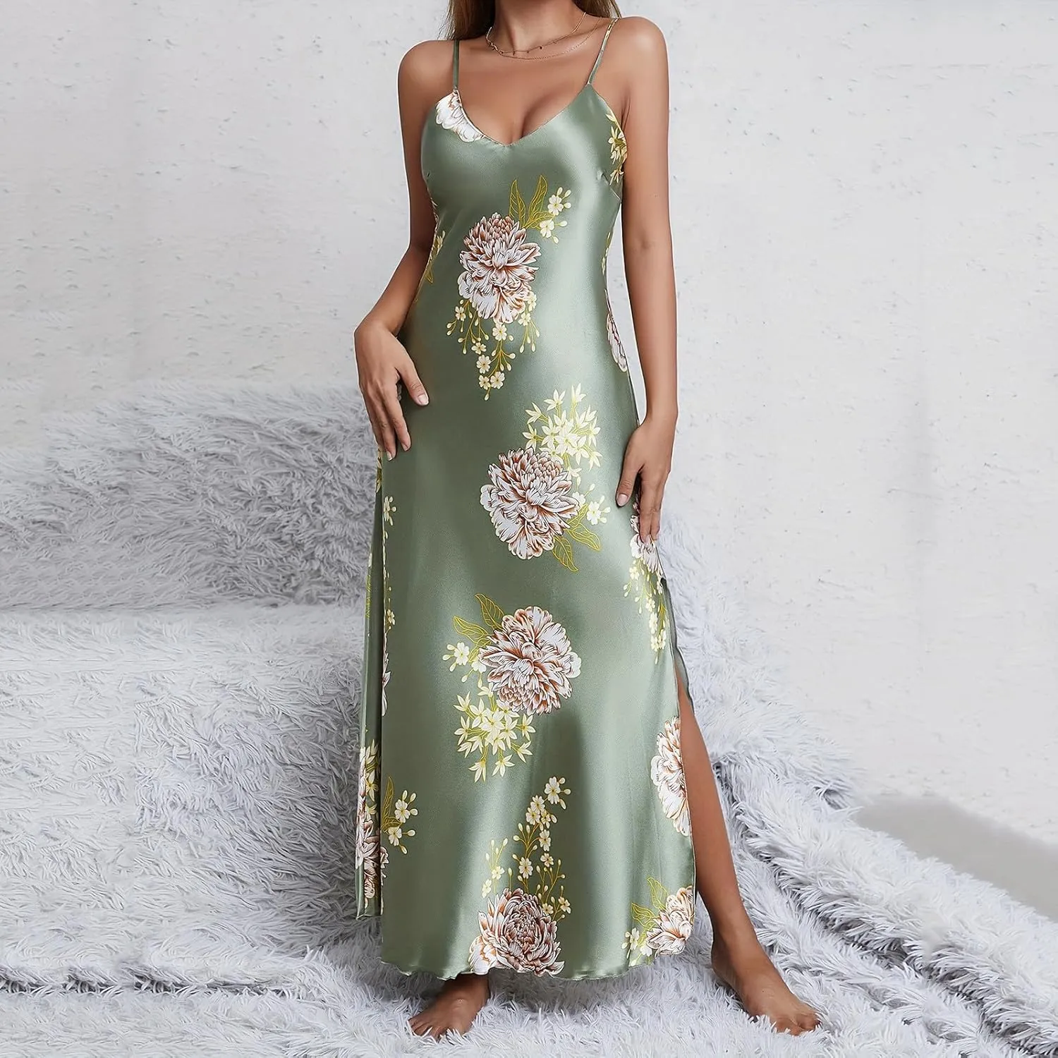 Womens Satin Long Nightgown Sexy Side Split Silk Floral Graphic Lingerie Soft Spaghetti Strap Nightwear Nightdress