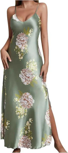 Womens Satin Long Nightgown Sexy Side Split Silk Floral Graphic Lingerie Soft Spaghetti Strap Nightwear Nightdress