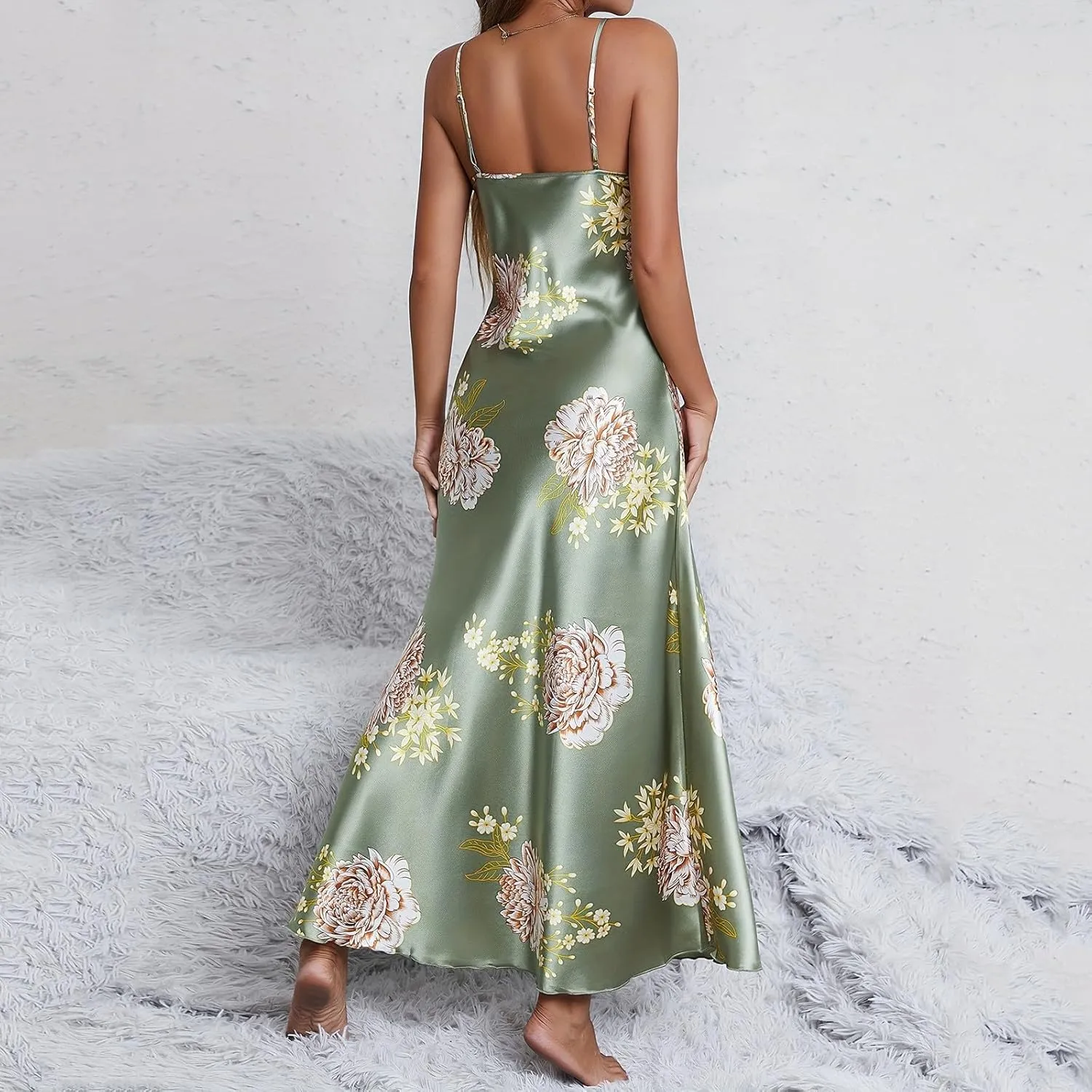 Womens Satin Long Nightgown Sexy Side Split Silk Floral Graphic Lingerie Soft Spaghetti Strap Nightwear Nightdress
