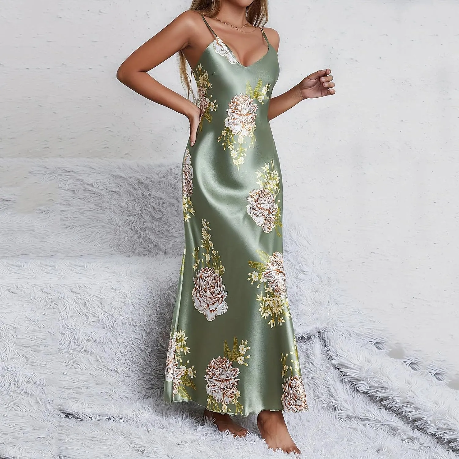Womens Satin Long Nightgown Sexy Side Split Silk Floral Graphic Lingerie Soft Spaghetti Strap Nightwear Nightdress