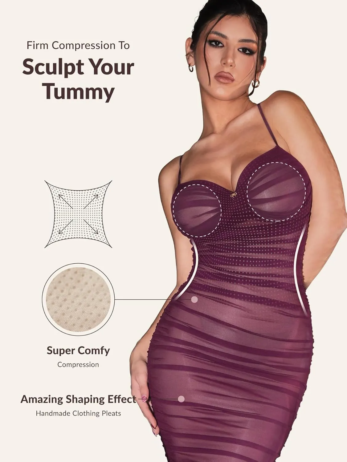 Womens Summer Ruched Mesh Bodycon Midi Dress, Built-in Bra and Shapewear, Deep V-Neck and Spaghetti Straps