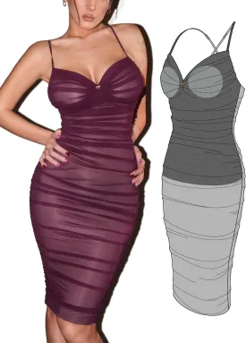 Womens Summer Ruched Mesh Bodycon Midi Dress, Built-in Bra and Shapewear, Deep V-Neck and Spaghetti Straps
