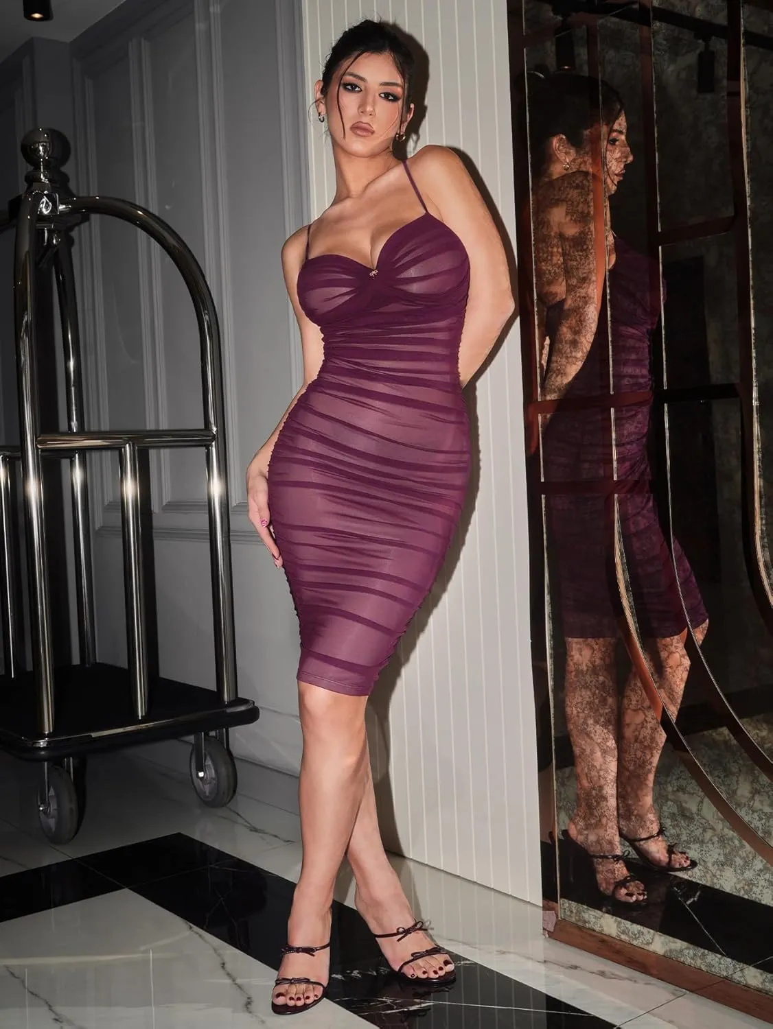 Womens Summer Ruched Mesh Bodycon Midi Dress, Built-in Bra and Shapewear, Deep V-Neck and Spaghetti Straps