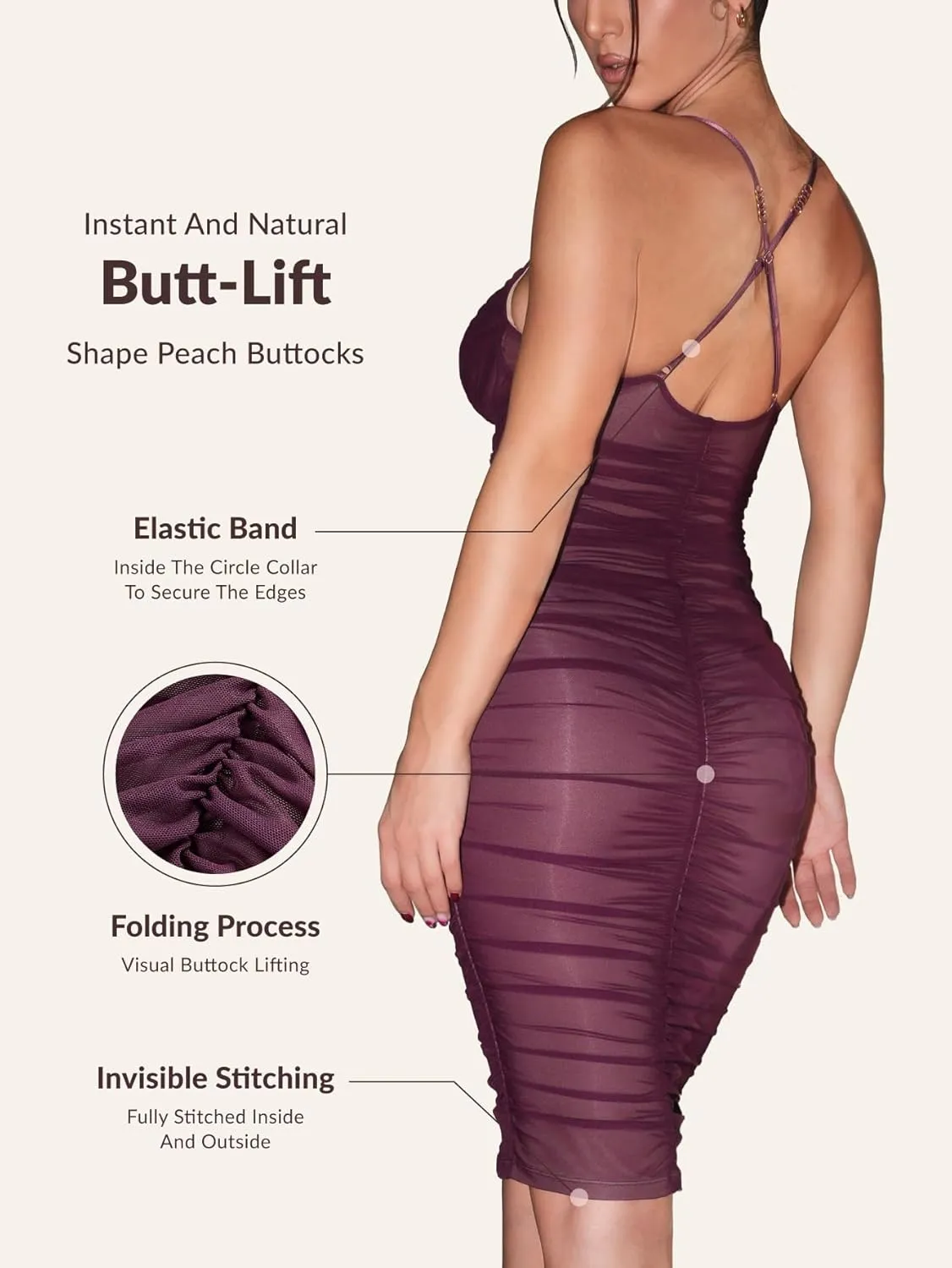 Womens Summer Ruched Mesh Bodycon Midi Dress, Built-in Bra and Shapewear, Deep V-Neck and Spaghetti Straps