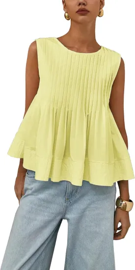 Womens Tank Tops Y2K Pleated Peplum Sleeveless Blouse Babydoll Ruffle Shirt Tunic Outfits