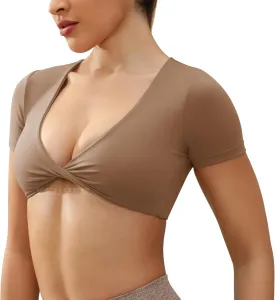 YEOREO Kyla Workout Crop Tops for Women Short Sleeve Twist Front Crop Tank Top Padded Sports Bra Casual Shirts